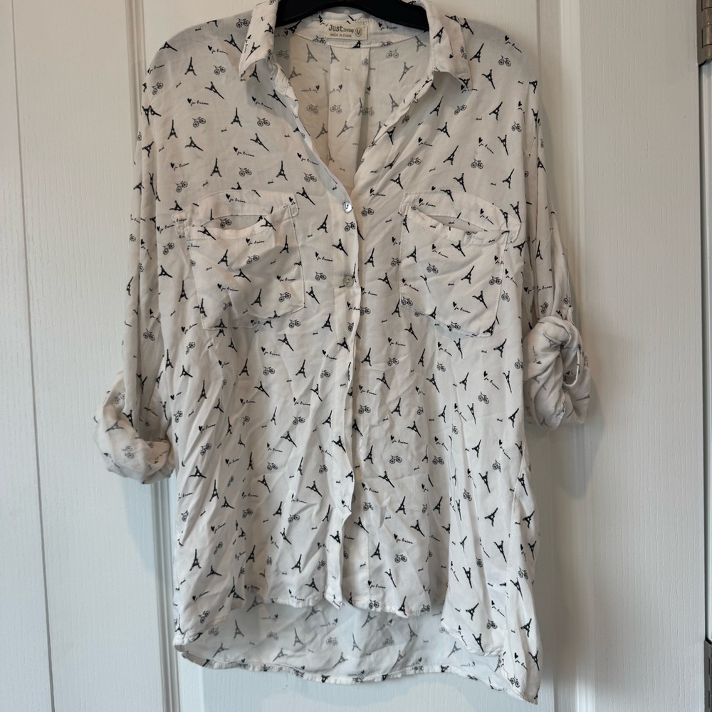 M White Eiffel Tower Print Button-Up Blouse